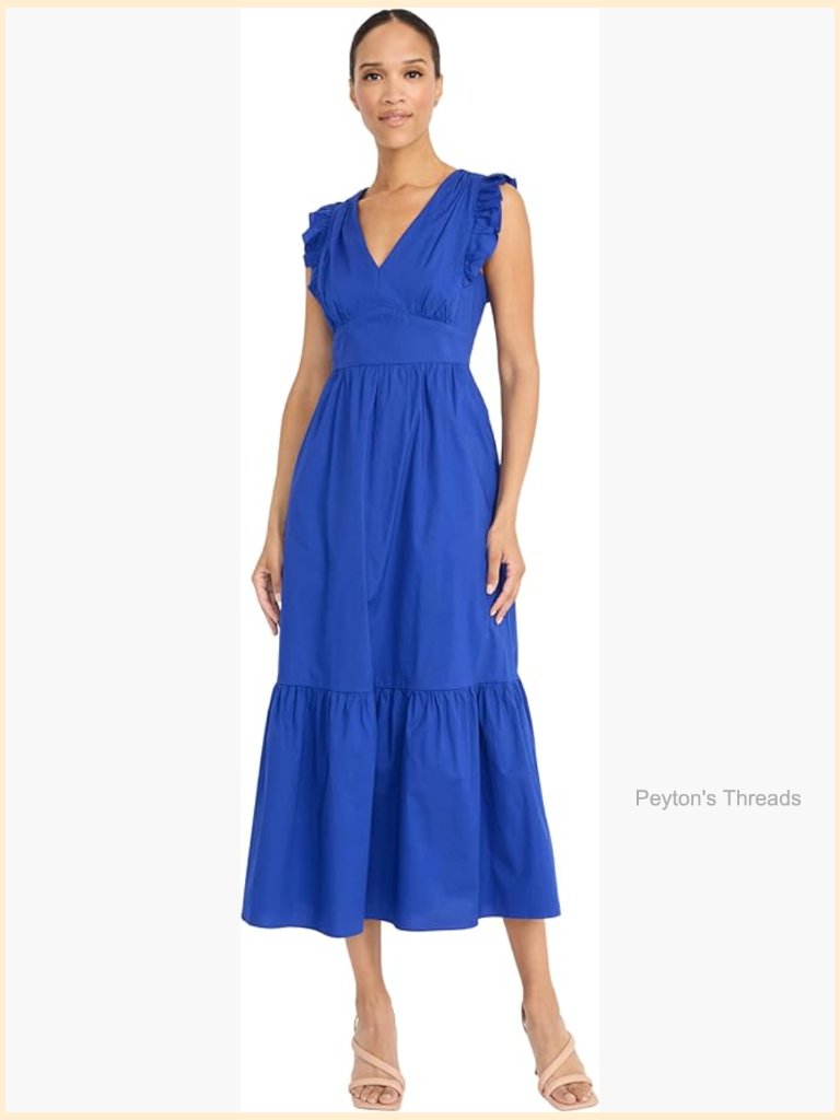 V-Neck Ruffle Detail Cotton Poplin Maxi Dress With Flowy Tiered Skirt